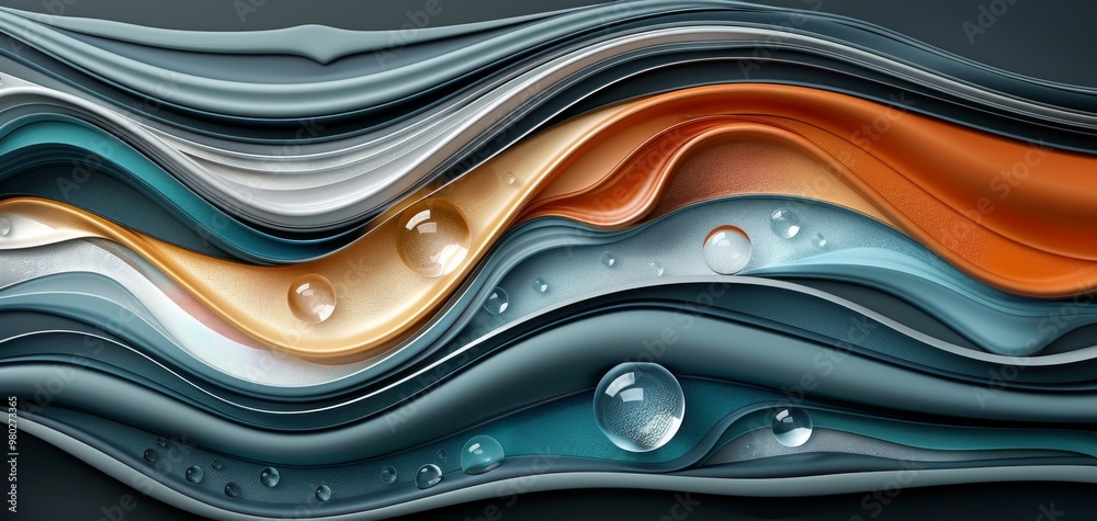 Poster a modern abstract design featuring flowing waves of color and texture, enhanced by droplets reflecti