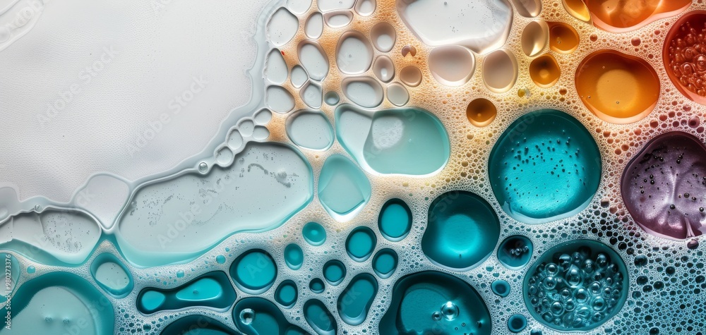 Poster Vibrant abstract bubbles with a mix of colors and textures, creating a mesmerizing visual pattern in liquid form.