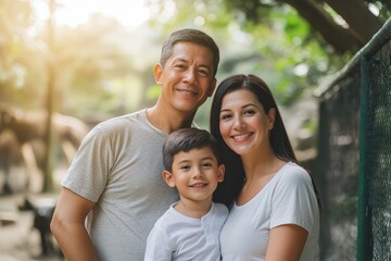 Naklejka premium High-resolution brightly lit photorealistic candid photograph of a father, mother, and son standing together at the zoo, with a soft, creamy bokeh background. The scene is styled like a high-end