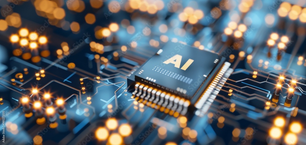 Aufkleber close-up of a modern microchip showcasing ai technology on a vibrant circuit board, symbolizing inno