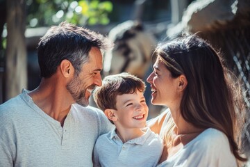 High-resolution brightly lit photorealistic candid photograph of a father, mother, and son smiling at each other while standing in front of a zoo exhibit, with a soft, creamy bokeh background. The