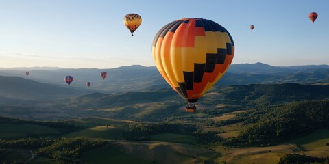 Obraz premium Vibrant hot air balloon festival over rolling hills at sunrise for print or poster