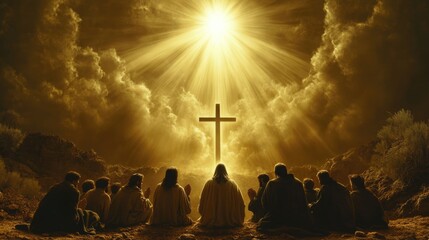 Jesus Christ and His disciples praying under a radiant light from heaven, with a prominent cross in the background, symbolizing divine miracles and strong faith.
