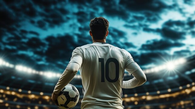 A wide-view shot of a soccer player holding a ball, seen from behind, in an evening stadium. The image features professional color grading and high-resolution 16k imaging. - Powered by Adobe