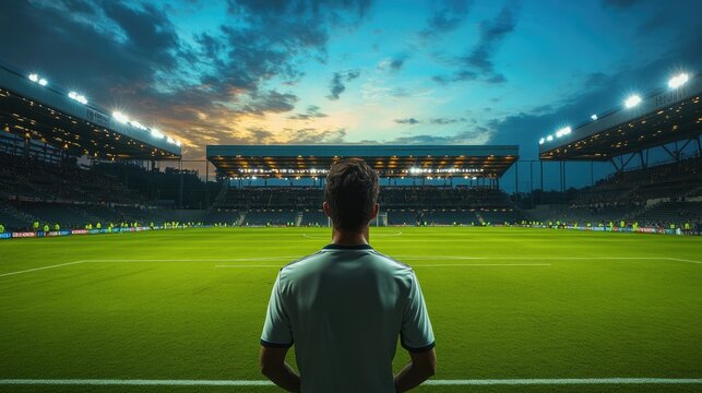 The back of a soccer player standing in a wide-view stadium at dusk, with the illuminated field and stands creating a dramatic backdrop for the anticipation of the game.