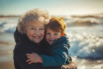 High-resolution brightly lit photorealistic candid photograph of a grandmother and grandchild hugging each other warmly on a sunny beach, with the waves in the background. The photograph is styled