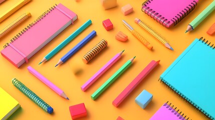 A 2D background with a vibrant array of pencils, erasers, and notebooks, symbolizing creativity and education, hyper-realistic, sharp images, high quality