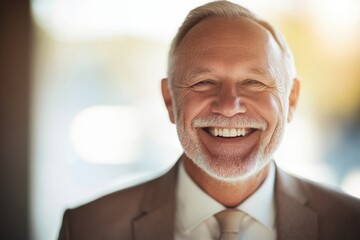 High-resolution brightly lit photorealistic candid photograph of a senior businessman beaming with happiness. Styled like a high-end lifestyle magazine with a light, happy feel.