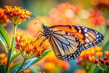 Obraz premium Vibrant monarch butterfly sips nectar from a blooming flower in a lush summer garden, showcasing its exquisite wings with intricate veins and delicate orange hues.