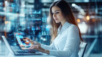 Very realistic and photographic photo of a young professional woman marketer working with a laptop and a futuristic holographic display, analyzing business innovation trends. The image is styled like