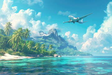 Naklejka premium The plane flew over a small island in the sea
