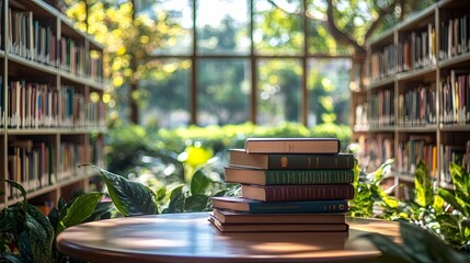 Stack of Books on a Table by a Window in a Library