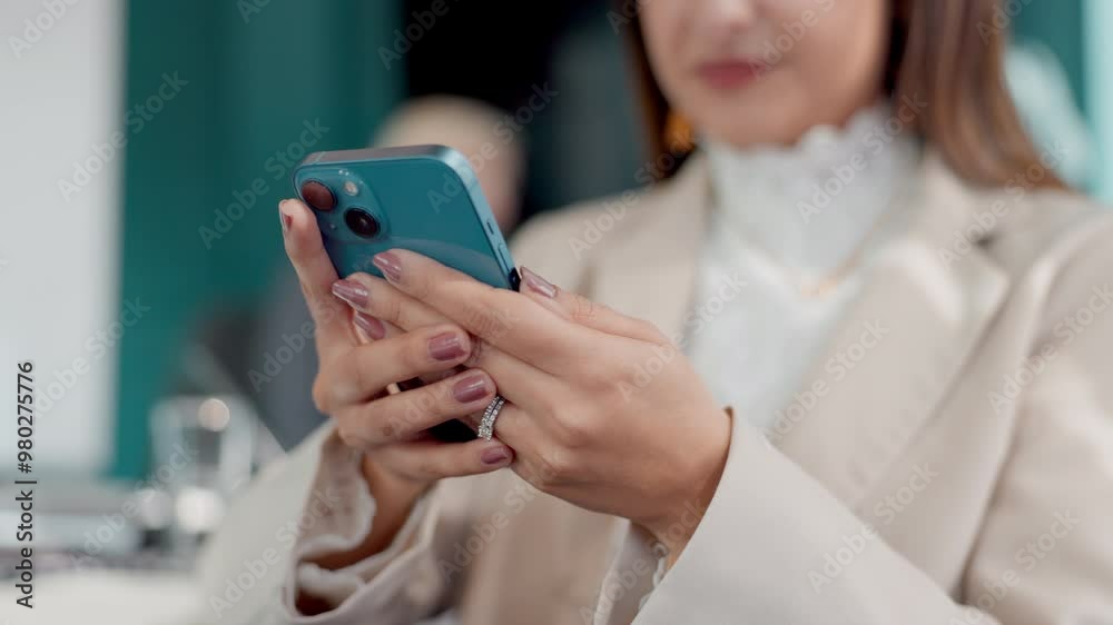 Canvas Prints Hands, smartphone or businesswoman texting with online connection for message, social media or chat. Finance consultant, closeup or happy financial advisor typing on mobile app for schedule or update