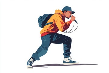 Obraz premium Dynamic illustration of a young male rapper performing passionately with a microphone, showcasing urban street style fashion.