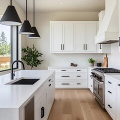 Elegant minimalist kitchen with smooth countertops, no utensils, bright natural light, wide-angle Sony a7 III