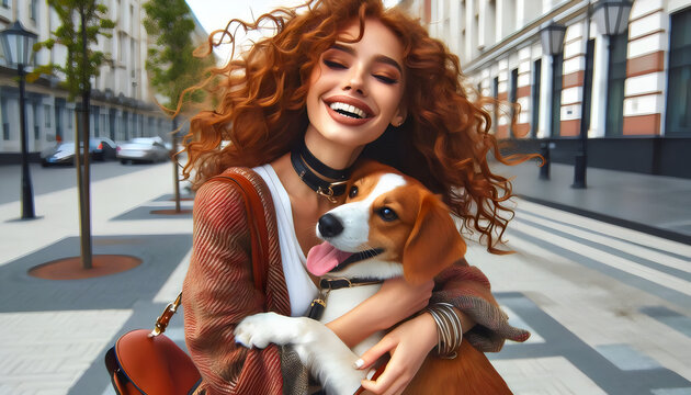 MUJER PELIROJA ABRAZANDO A SU PERRO 