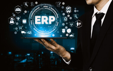 Enterprise Resource Management ERP software system for business resources plan presented in modern graphic interface showing future technology to manage company enterprise resource. uds