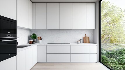 Modern minimalist kitchen with clean countertops, few utensils, bright daylight, wide-angle capture, Sony a7 III