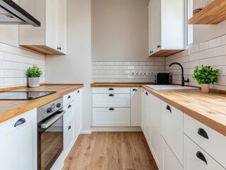 Fototapeta premium Spacious bright kitchen with sleek countertops, minimal accessories, warm sunlight, wide-angle, Sony a7 III