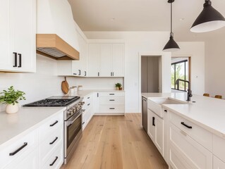Spacious bright kitchen with sleek countertops, minimal accessories, warm sunlight, wide-angle, Sony a7 III