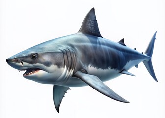 Powerful great white shark swimming in front of a transparent background, its sleek grey body and sharp fins creating a dramatic and intimidating silhouette.