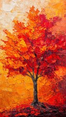 A dynamic abstract expressionism maple tree with bold brush strokes and vivid reds and oranges, emphasizing intense texture and expressive form.