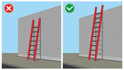 Workplace do and do not ladder safety practice illustration. Inadequate length of straight and extension ladder.