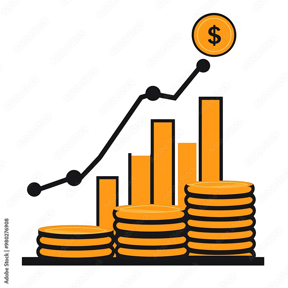Aufkleber gold coin stacks with rising bar graph and dollar coin