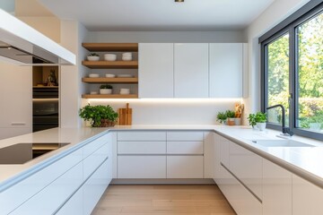 Ultra-modern kitchen with sleek countertops, open shelves, no clutter, bright window light, professional Sony a7 III photography