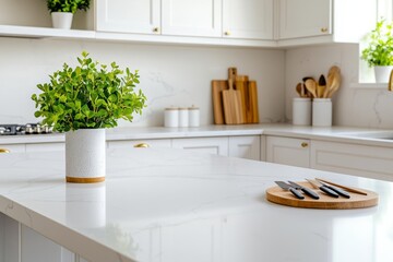Wide-angle view of a modern kitchen, sleek marble countertops, minimal utensils, bright natural light, Sony a7 III