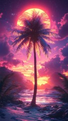 Obraz premium Retro Synthwave style illustration of a coconut tree with neon colors and futuristic elements.