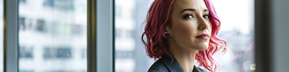 Thoughtful lesbian executive with pink hair views cityscape, symbolizing progress.