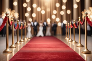 Red carpet event illustration, golden stairs lead to a grand stage, celebrities in luxurious attire celebrate success