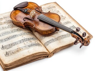 Fototapeta premium A beautiful wooden violin rests on a vintage sheet music book, representing the art of music and classical instruments.