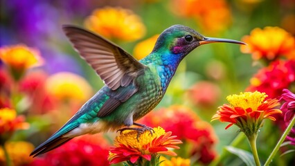 Fototapeta premium Vibrant hummingbird with iridescent feathers sips nectar amidst a kaleidoscope of colorful flowers in a lush, serene, and exotic tropical garden paradise.