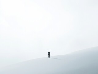 A solitary figure stands on a snowy landscape, embodying solitude and introspection amidst a vast, misty backdrop.