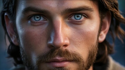 Obraz premium A close-up portrait of a man with long, dark hair and a beard, wearing a beige jacket, gazes directly at the camera with blue eyes.