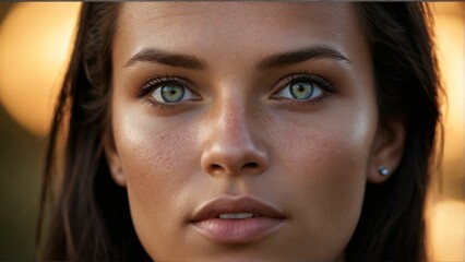 A woman with dark hair and freckles gazes directly at the camera, her eyes reflecting a serene expression, with a blurred background.