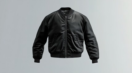 Black bomber jacket with front zip and side pockets