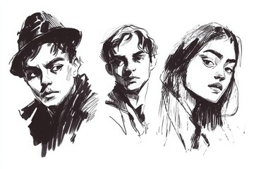 Artistic black and white sketches capturing the essence of three unique characters in a captivating style.