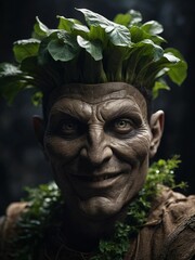 A man's face is depicted in a close-up shot, wearing a brown robe and a headdress made of green leaves, with a serious expression and a warm smile.