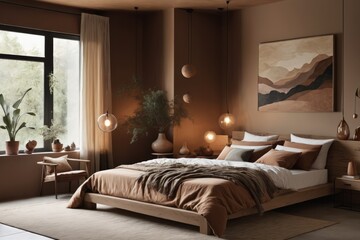 A luxury room featuring a beautifully designed bedroom with a comfortable bed, stylish furniture, elegant decor, and a large window letting in natural light of sunset
