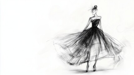 Elegant sketch of a fashion model in a flowing black dress, showcasing grace and style in a minimalistic design.