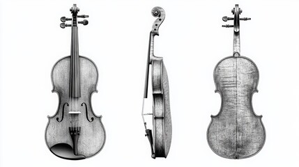 Elegant vintage violin showcasing intricate craftsmanship from multiple angles, perfect for music and instrument enthusiasts.