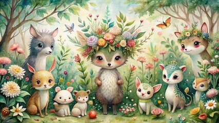 Obraz premium Whimsical watercolor illustration featuring adorable forest creatures, lush greenery, and blooming flowers in soft, dreamy hues, evoking a sense of serene wonder and magic.