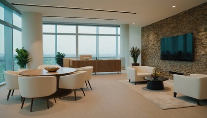 Fototapeta premium A stylish modern office lobby with bright city views and vibrant decor 97
