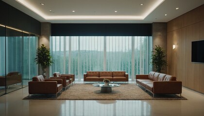Fototapeta premium A stylish modern office lobby with bright city views and vibrant decor 92