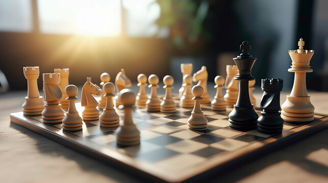 A chessboard with wooden pieces sits in warm sunlight streaming through a window, evoking strategic thinking and intense concentration. The perfect moment for a classic chess match.