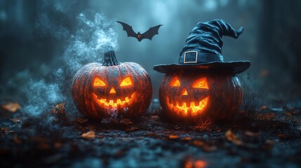 Naklejka premium Halloween Pumpkin Carvings with Witch Hat Generative AI
