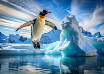 Fototapeta premium Majestic penguin soars overhead, its wings spread wide, casting a shadow on the icy blue waters as it flies over a towering iceberg in the ocean.